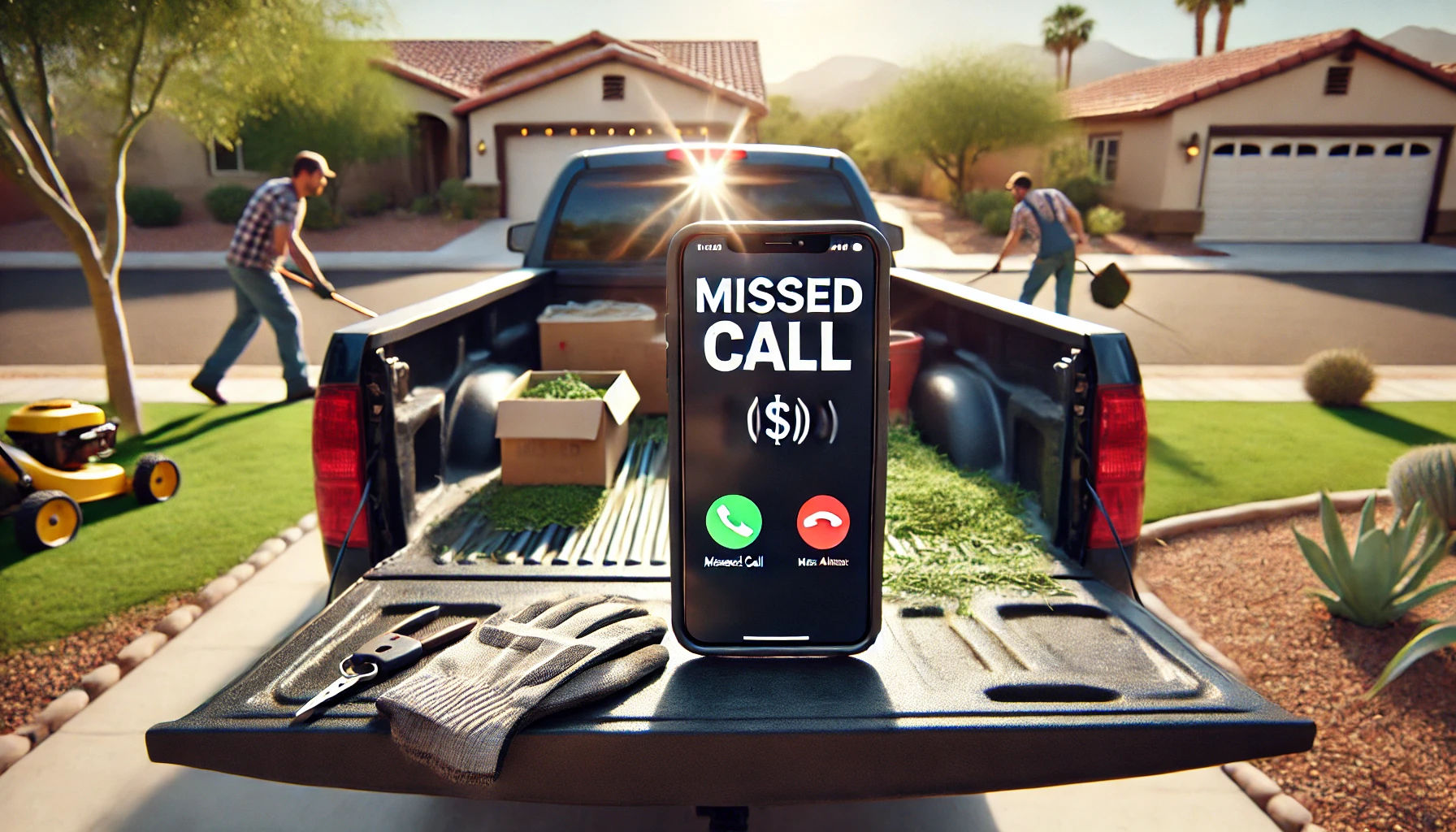 Missed call on a landscaper phone near work truck