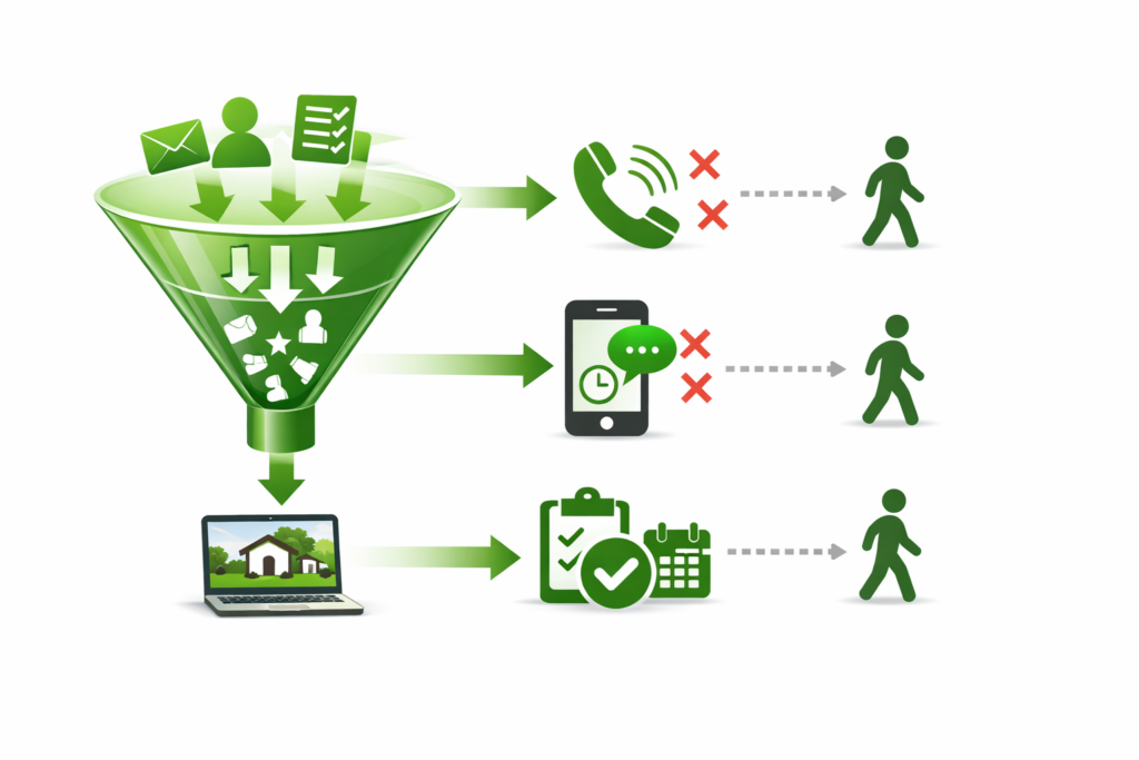 Landscaping lead loss funnel showing missed calls and slow follow-up