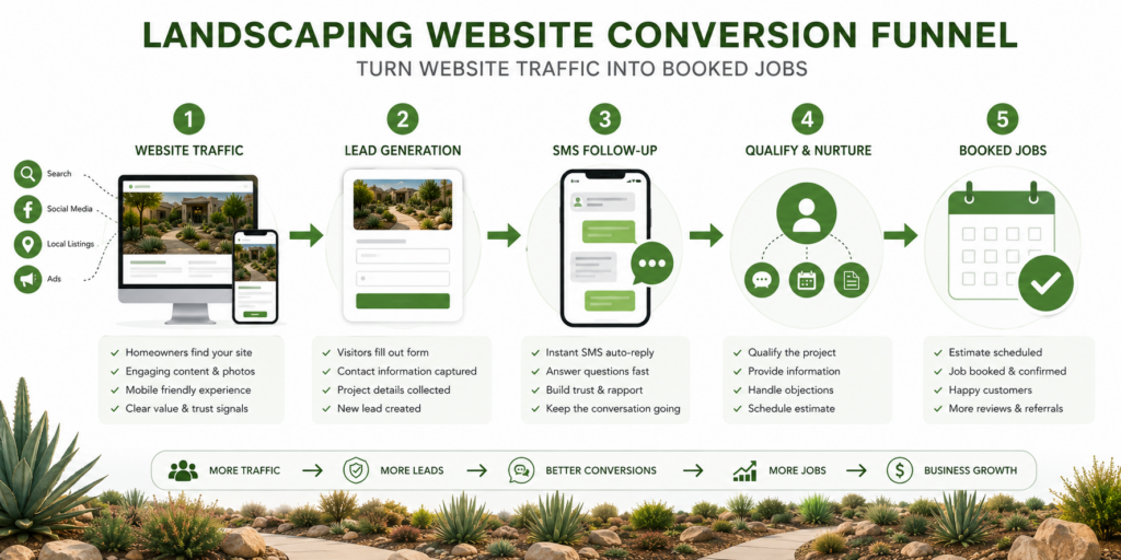 Landscaping website conversion funnel showing visitors turning into jobs